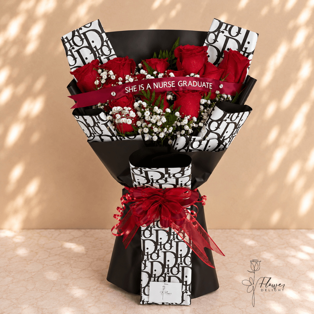 12 Red Roses with Black Dior Wrapping by Flower Delight