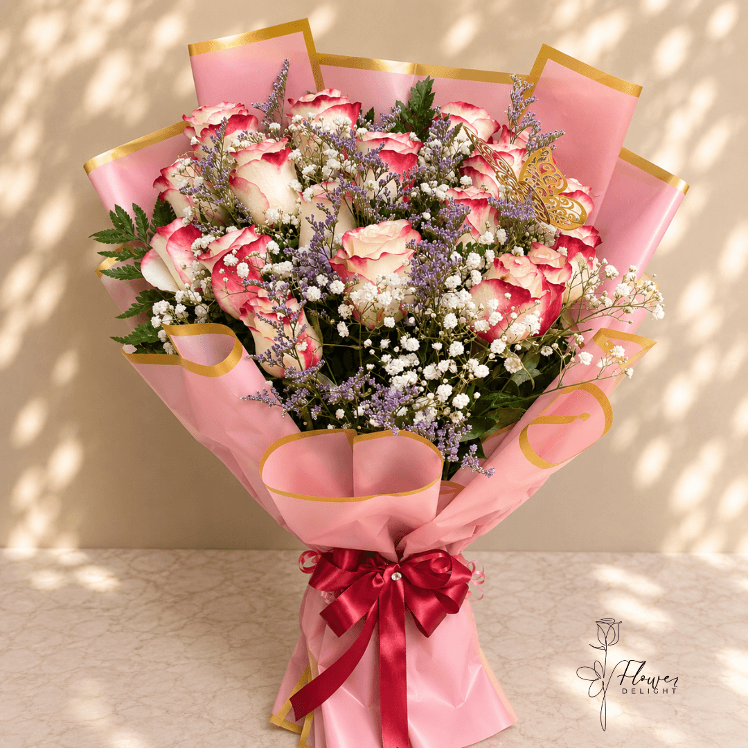 18 Red-Tip White Roses with Pink Wrapping by Flower Delight