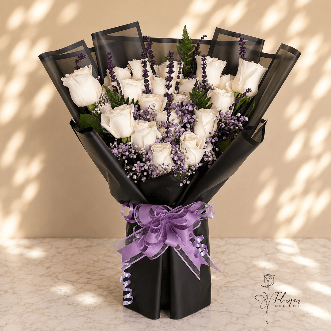 18 White Roses and Lavender with Clear Black Wrapping by Flower Delight