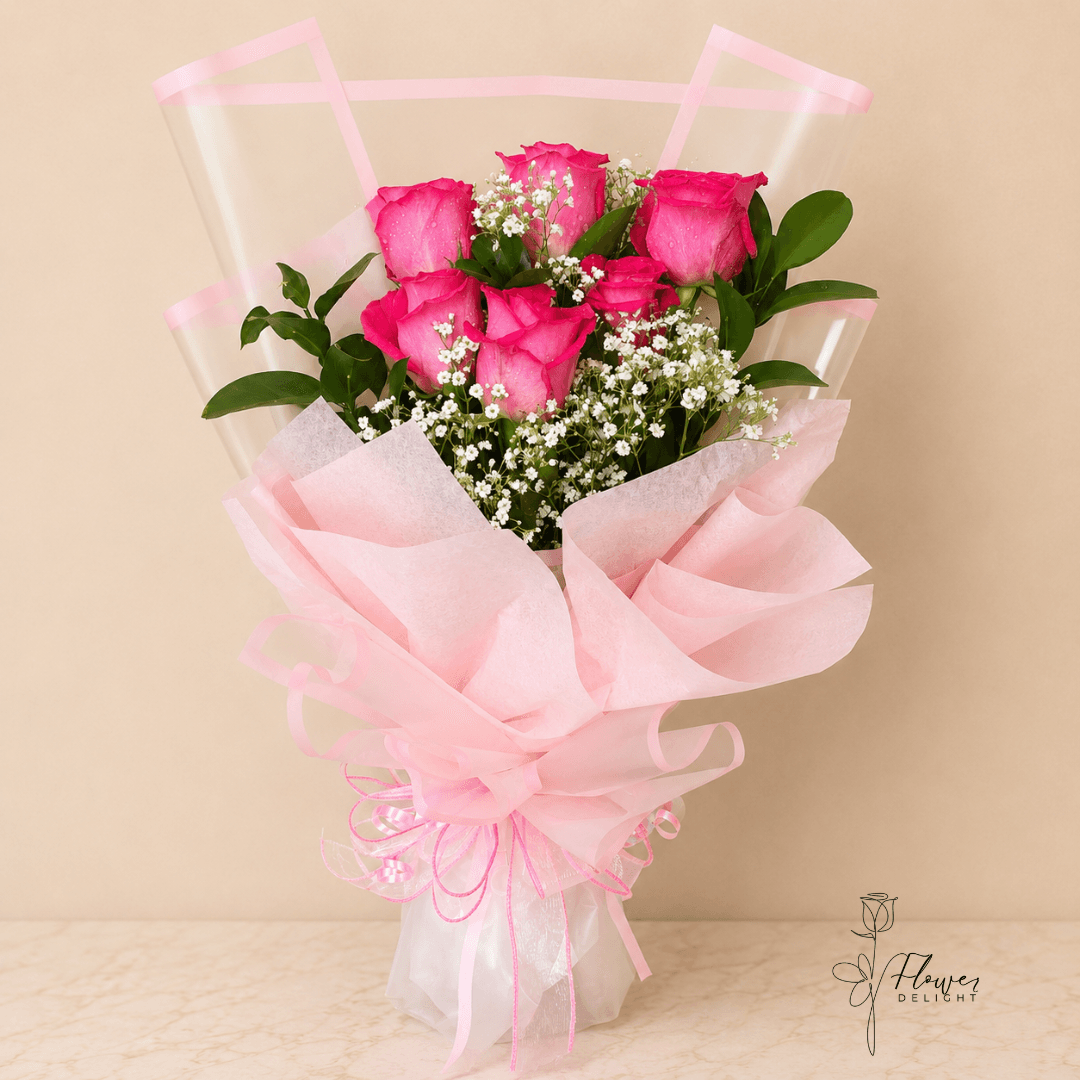 6 Hot Pink Roses with Pink Wrapping by Flower Delight