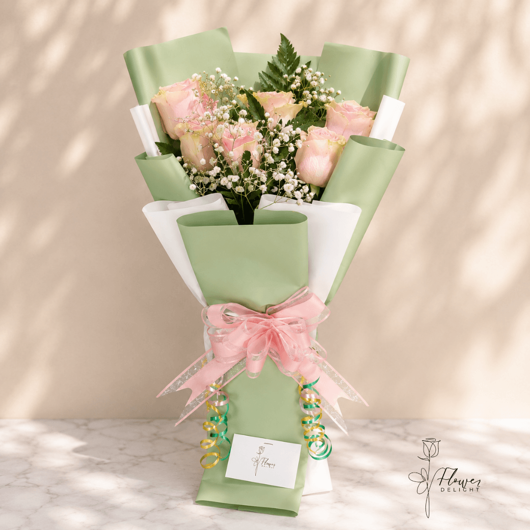 6 Pink Roses with Green and White Wrapping by Flower Delight