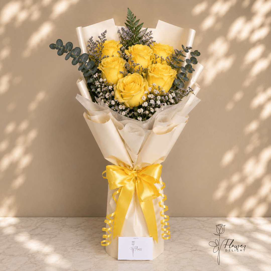 6 Yellow Roses with Beige Wrapping by Flower Delight