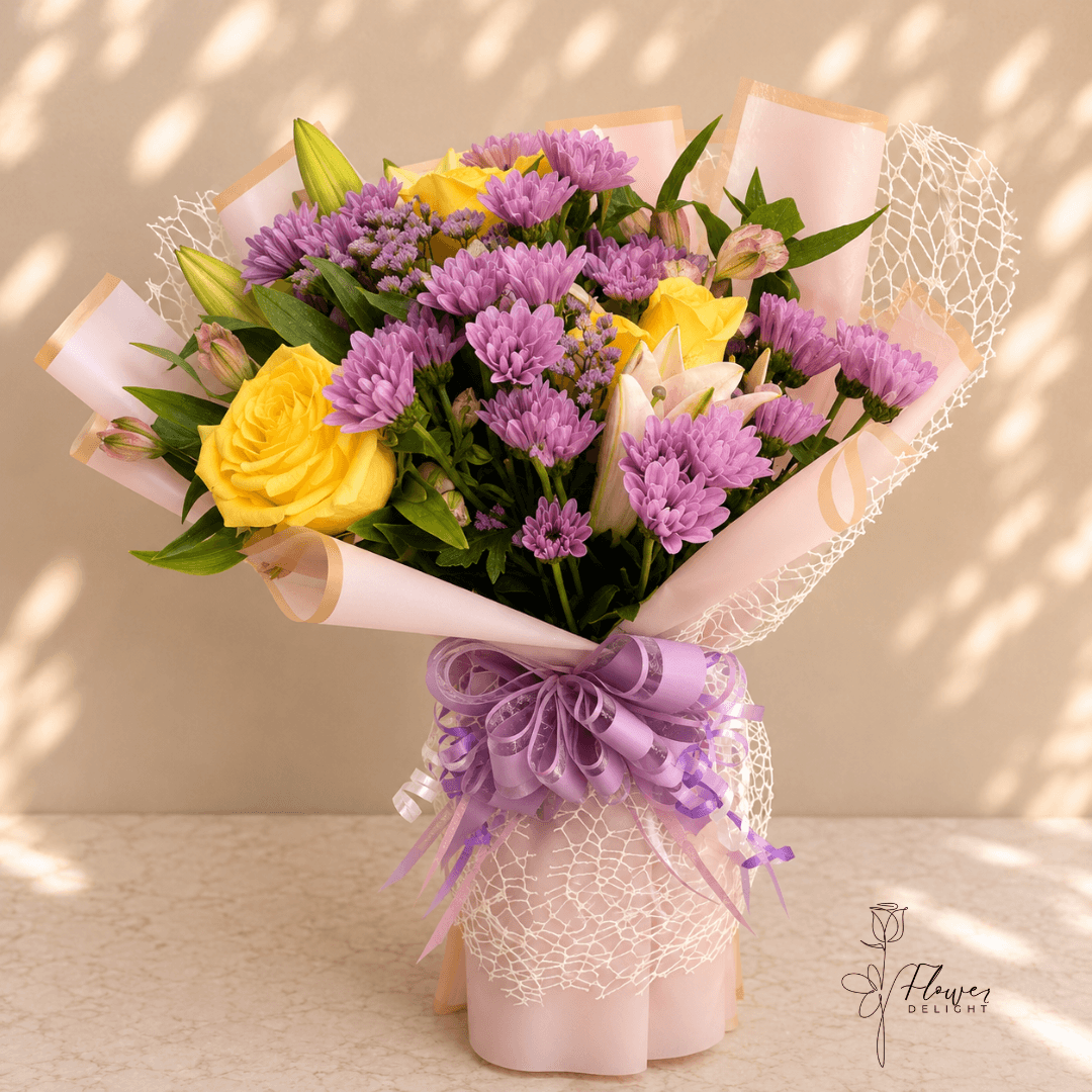 Yellow and Purple Mixed with Purple Wrapping by Flower Delight